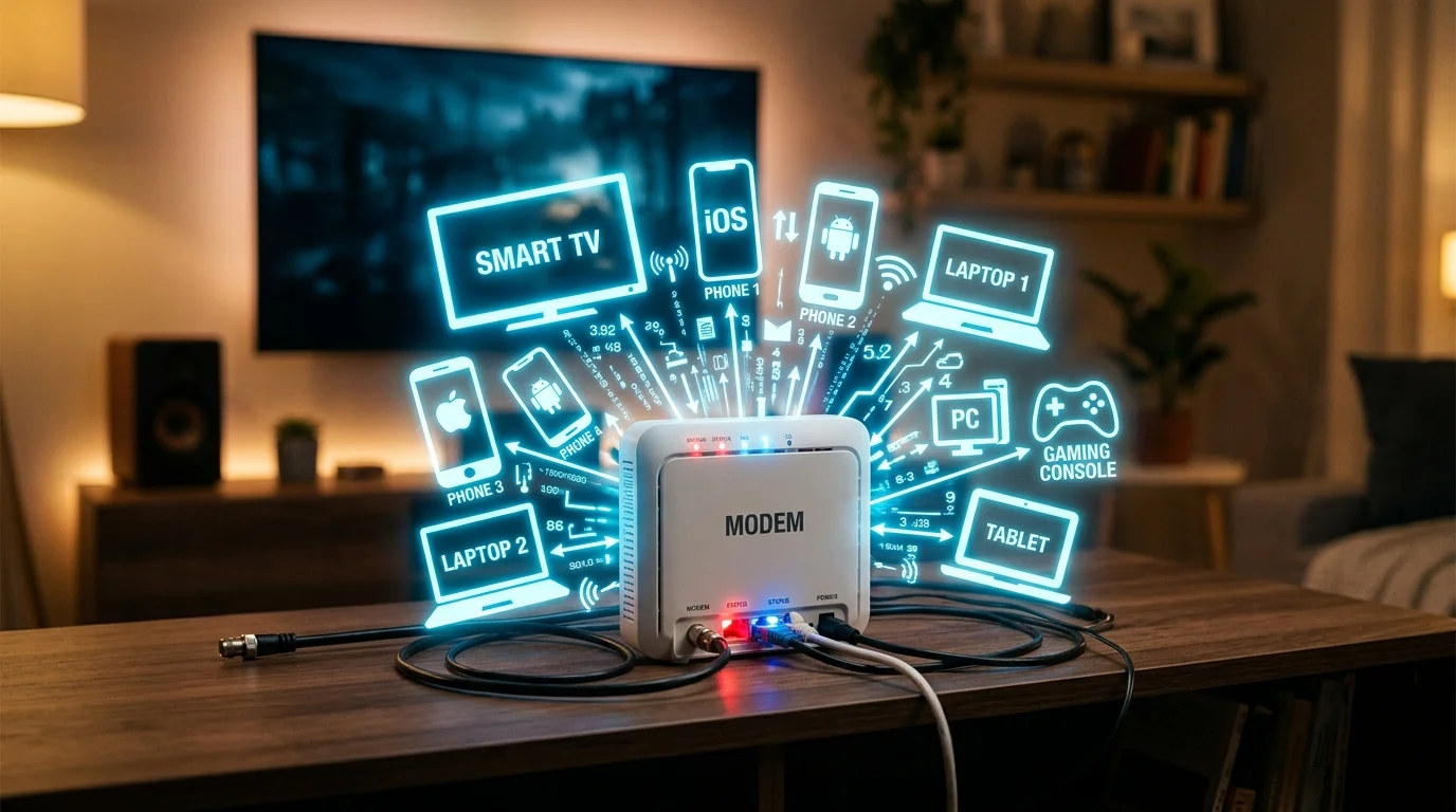 Múltiples dispositivos conectados al wifi en una casa moderna saturando la red